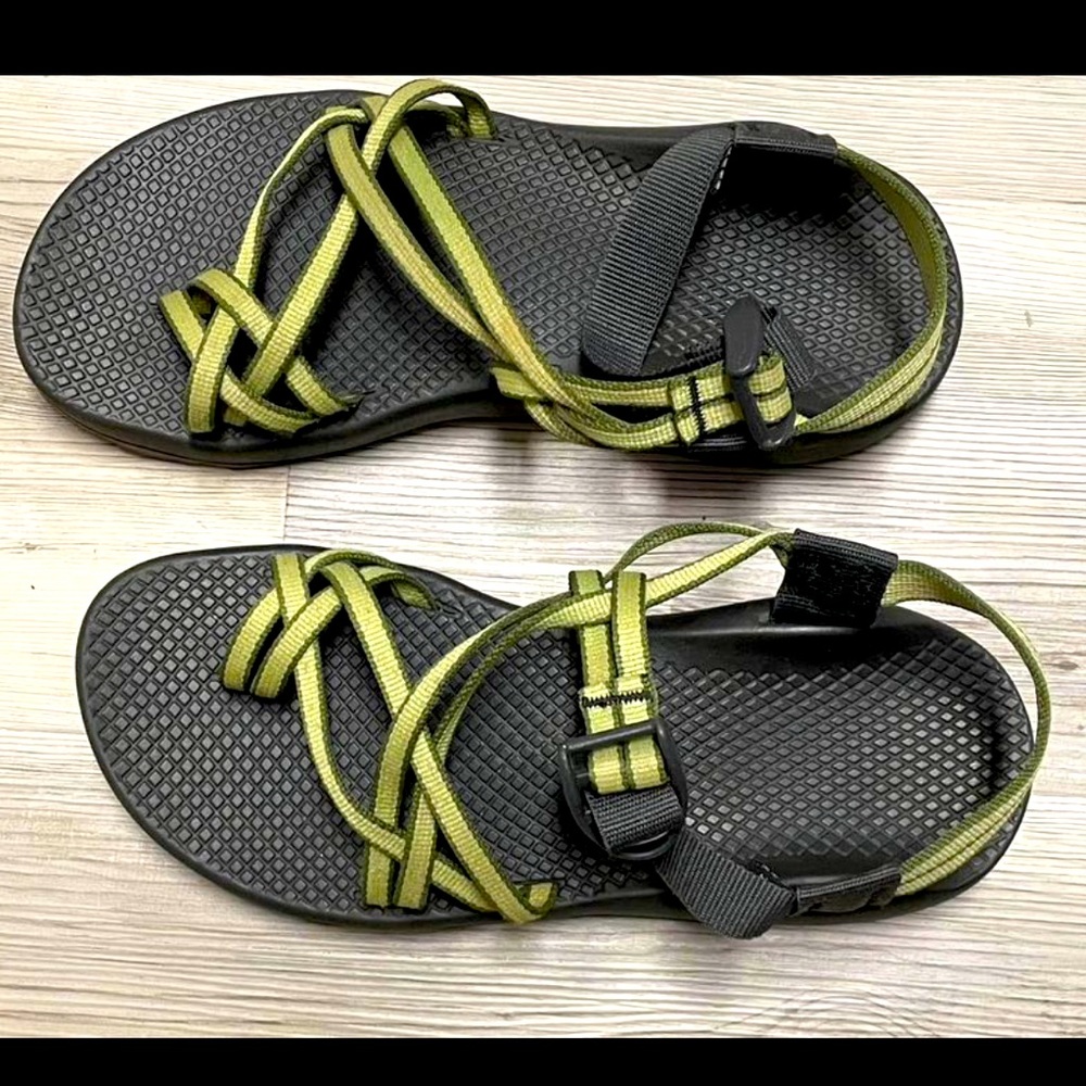 Chacos, black sandals with green striped straps